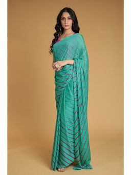 Zari Jaipur - Printed Saree with Unstitched Blouse-Turquoise
