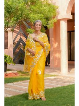 Zari Jaipur - Embroidered Saree with Unstitched Blouse-Yellow