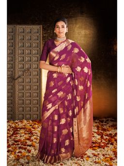Zari Jaipur - Floral Saree with Unstitched Blouse-Purple