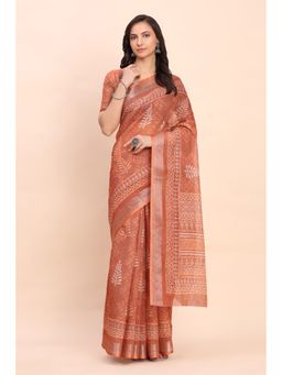 Mysilklove - Glossy Orange Woven Linen Cotton Saree with Unstitched Blouse