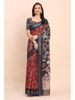 Mysilklove - Brick Red Woven Linen Cotton Saree with Unstitched Blouse