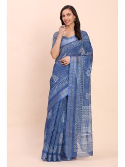 Mysilklove - Periwinkle Blue Woven Linen Cotton Saree with Unstitched Blouse