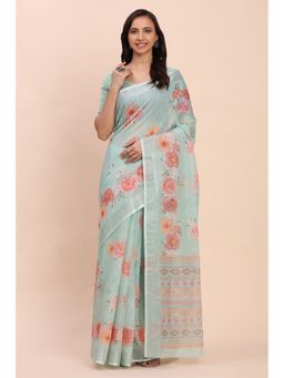 Mysilklove - Cyan Blue Linen Floral Printed Cotton Saree with Unstitched Blouse