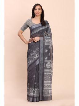 Mysilklove - Gunmetal Grey Woven Linen Cotton Saree with Unstitched Blouse