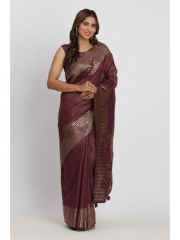 Mysilklove - Pecan Brown Woven Linen Cotton Saree with Unstitched Blouse