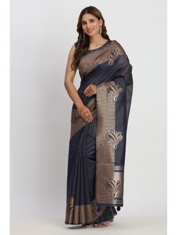 Mysilklove - Navy Blue Woven Linen Cotton Saree with Unstitched Blouse