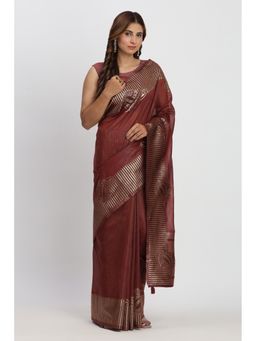 Mysilklove - Chinese Brown Woven Linen Cotton Saree with Unstitched Blouse