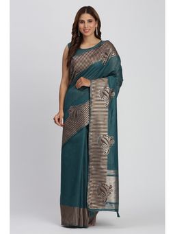 Mysilklove - Myrtle Green Woven Linen Cotton Saree with Unstitched Blouse