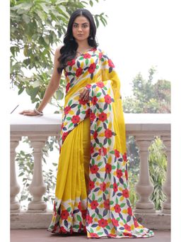 Anjaneya Sarees - Yellow Cotton Silk Floral Printed Designer Saree with Unstitched Blouse