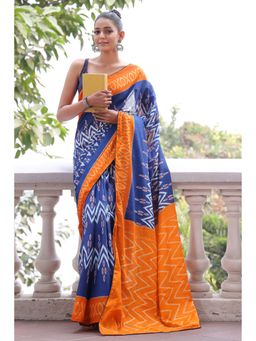 Anjaneya Sarees - Blue Cotton Silk Printed Designer Saree with Unstitched Blouse