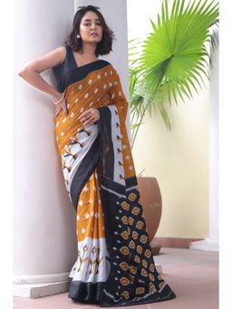 Anjaneya Sarees - Mustard Cotton Silk Printed Designer Saree with Unstitched Blouse
