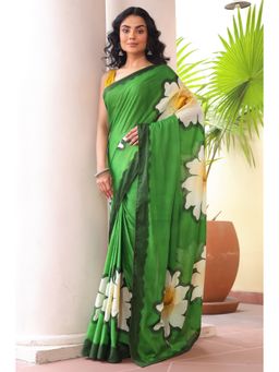 Anjaneya Sarees - Green Cotton Silk Floral Printed Designer Saree with Unstitched Blouse