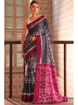 Anjaneya Sarees - Grey Cotton Silk Printed Designer Saree with Unstitched Blouse