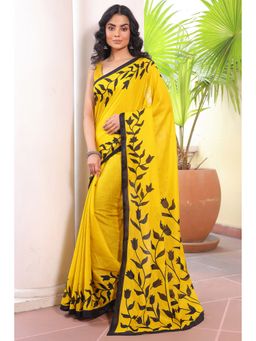 Anjaneya Sarees - Yellow Cotton Silk Floral Printed Designer Saree with Unstitched Blouse