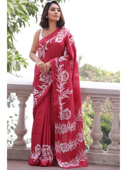Anjaneya Sarees - Red Cotton Silk Floral Printed Designer Saree with Unstitched Blouse