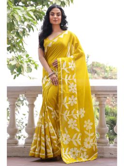 Anjaneya Sarees - Yellow Cotton Silk Floral Printed Designer Saree with Unstitched Blouse