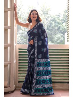 Anjaneya Sarees - Navy Blue Cotton Silk Printed Designer Printed Saree with Unstitched Blouse
