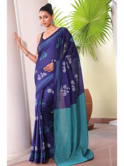 Anjaneya Sarees - Navy Blue Cotton Silk Printed Designer Saree with Unstitched Blouse