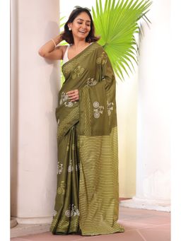 Anjaneya Sarees - Green Cotton Silk Printed Designer Saree with Unstitched Blouse