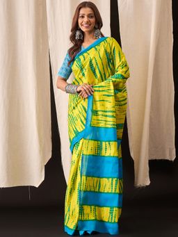 Anjaneya Sarees - Green Cotton Silk Printed Designer Saree with Unstitched Blouse