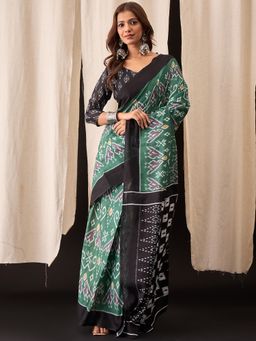 Anjaneya Sarees - Green Cotton Silk Printed Designer Saree with Unstitched Blouse