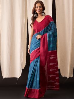 Anjaneya Sarees - Teal Cotton Silk Printed Designer Saree with Unstitched Blouse