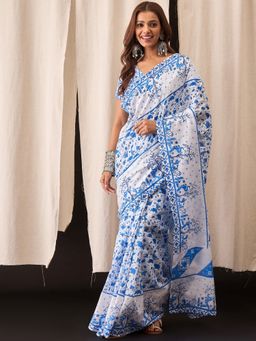Anjaneya Sarees - White Cotton Silk Printed Designer Saree with Unstitched Blouse