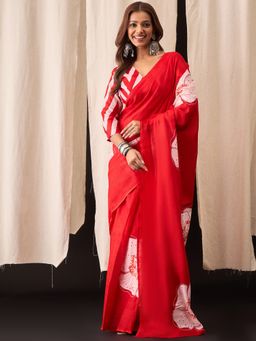 Anjaneya Sarees - Red Cotton Silk Floral Printed Designer Saree with Unstitched Blouse