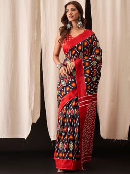 Anjaneya Sarees - Black Cotton Silk Printed Designer Saree with Unstitched Blouse