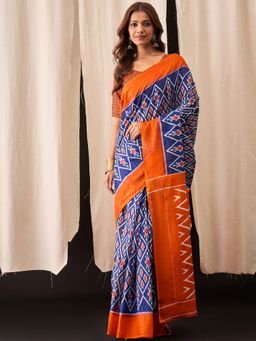 Anjaneya Sarees - Blue Cotton Silk Printed Designer Saree with Unstitched Blouse