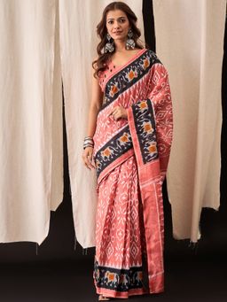 Anjaneya Sarees - Peach Cotton Silk Printed Designer Saree with Unstitched Blouse
