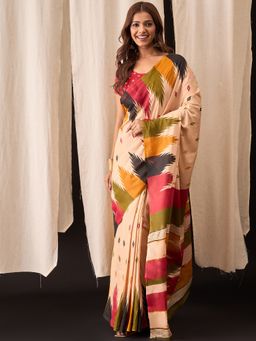 Anjaneya Sarees - Beige Cotton Silk Printed Designer Saree with Unstitched Blouse