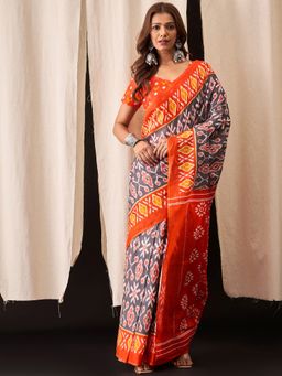 Anjaneya Sarees - Grey Cotton Silk Printed Designer Saree with Unstitched Blouse