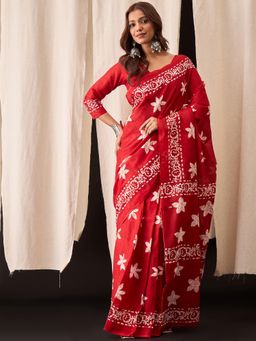 Anjaneya Sarees - Red Cotton Silk Printed Designer Saree with Unstitched Blouse