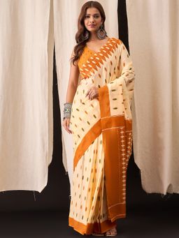 Anjaneya Sarees - Beige Cotton Silk Printed Designer Saree with Unstitched Blouse
