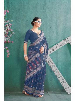 Anjaneya Sarees - Blue Cotton Silk Floral Printed Designer Saree with Unstitched Blouse