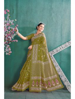Anjaneya Sarees - Green Cotton Silk Floral Printed Designer Saree with Unstitched Blouse