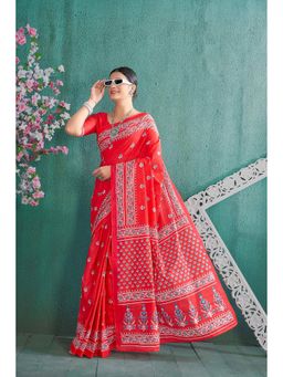 Anjaneya Sarees - Red Cotton Silk Floral Printed Designer Saree with Unstitched Blouse
