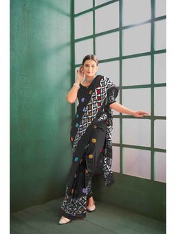 Anjaneya Sarees - Black Cotton Silk Printed Designer Saree with Unstitched Blouse
