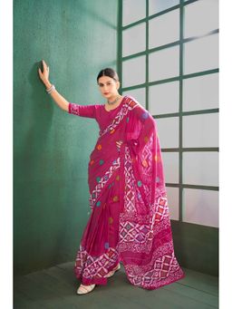Anjaneya Sarees - Pink Cotton Silk Printed Designer Saree with Unstitched Blouse