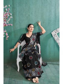 Anjaneya Sarees - Black Floral Cotton Silk Printed Designer Saree with Unstitched Blouse