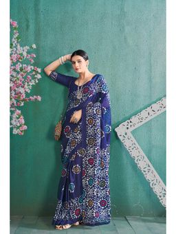 Anjaneya Sarees - Navy Blue Cotton Silk Floral Printed Designer Saree with Unstitched Blouse