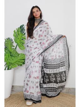 Anjaneya Sarees - White Cotton Silk Printed Designer Saree with Unstitched Blouse
