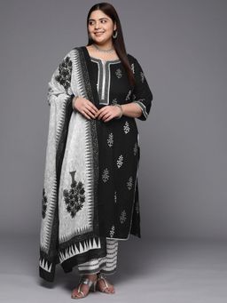 Extra love by Libas - Plus Size Women Black Printed Cotton Straight Kurta Sets for Women