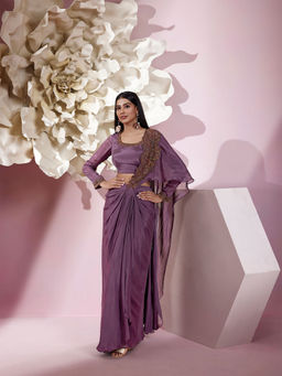 Qunic - Purple Amethyst Bloom Pre-Drape Saree with Stitched Blouse