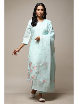 Biba - Turquoise Linen Unstitched Suit (Set of 3)