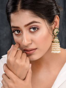 Saraf RS Jewellery - Gold Plated Polka Studded Pearl Drops Jhumka Earrings