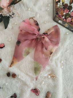 Label Kanupriya - Grape Floral Printed Organza Short Bow Hair Clip