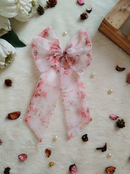 Label Kanupriya - Pink Floral Organza Long Bow Hair Clip