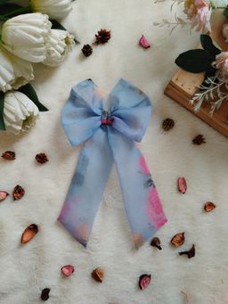 Label Kanupriya - Sky Blue Pink Floral Printed Organza Long Bow Hair Clip